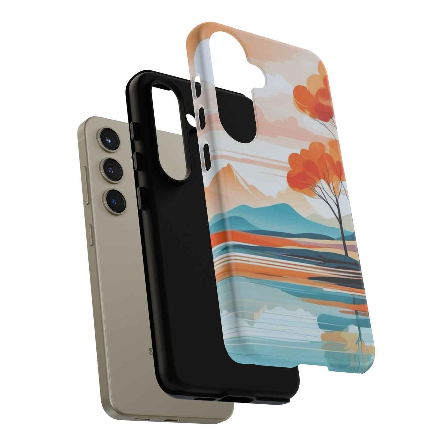 Serene Sunset Lake Samsung Galaxy  Case – Minimalist Landscape Art, Dual-Layer Protection