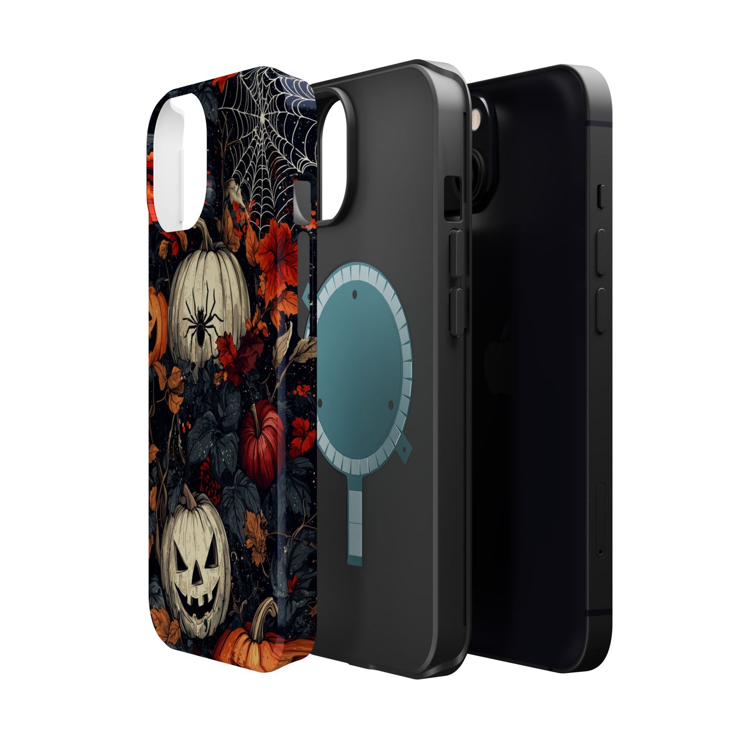 Hauntingly Elegant Halloween MagSafe iPhone Case – Pumpkins, Spiders, and Autumn Leaves Design