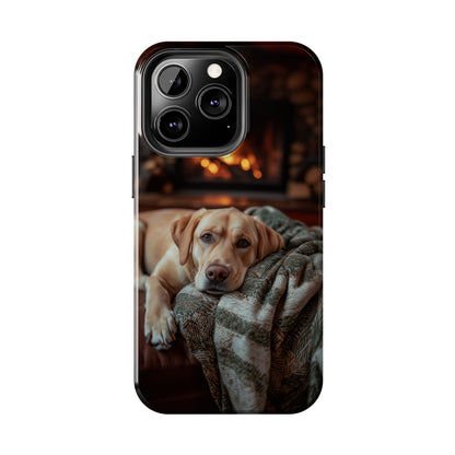 Cozy Labrador by Fireplace iPhone Case – Rustic Cabin Protective Cover