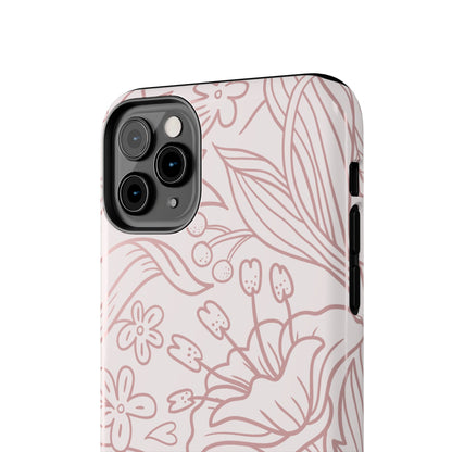 Blush Floral Line Art Tough iPhone Case – Delicate Minimalist Design with Dual-Layer Protection