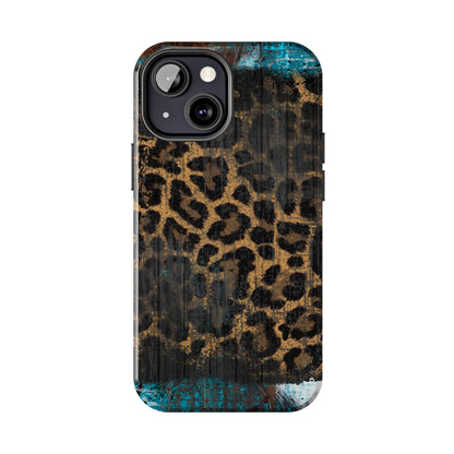 Boho Leopard and Turquoise Tough iPhone Case – Rustic Western Design with Dual-Layer Protection