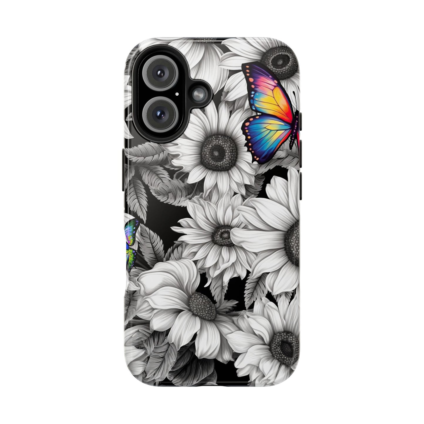 Rainbow Butterflies & Monochrome Sunflowers – iPhone Case