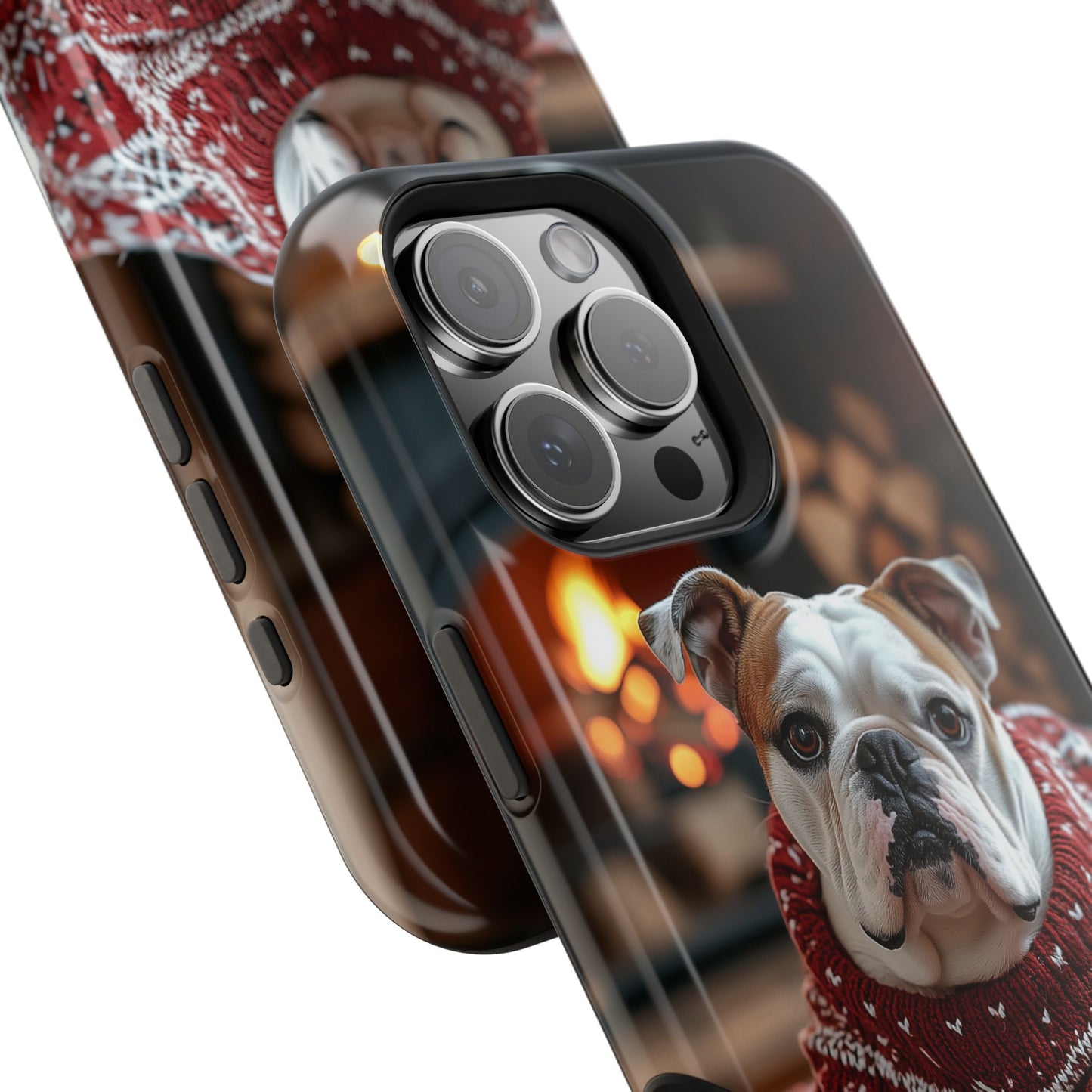 Cozy Bulldog in Sweater MagSafe iPhone Case – Festive Fireplace Protective Cover