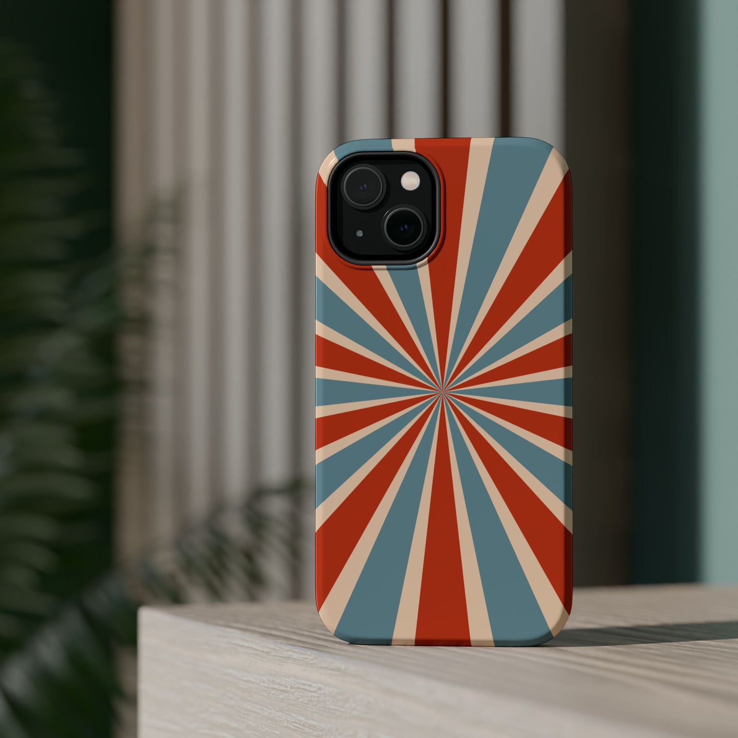 Vintage Blue & Red Sunburst MagSafe iPhone Case – Bold Geometric Pattern, Shock-Resistant Cover