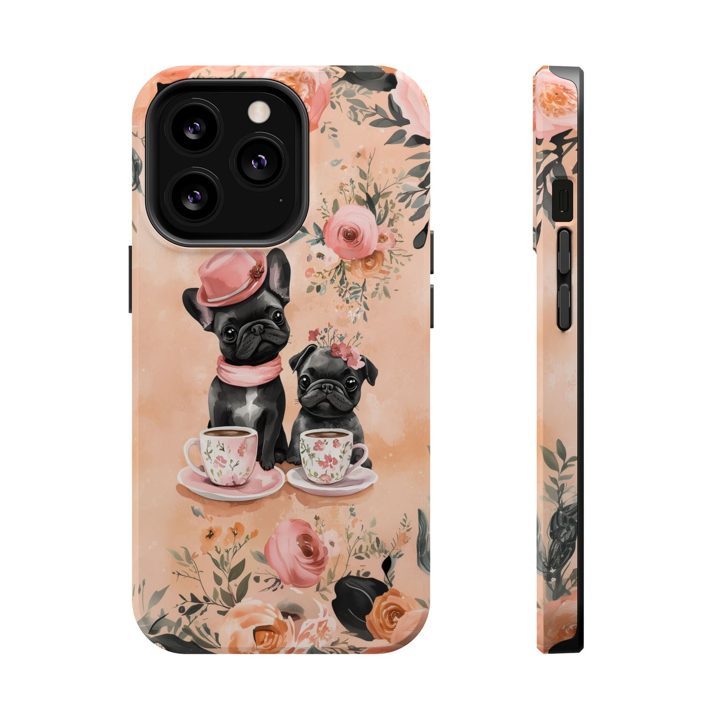 Floral French Bulldogs MagSafe iPhone Case – Elegant Dog Design with Tea Cups & Roses, Shockproof Protection