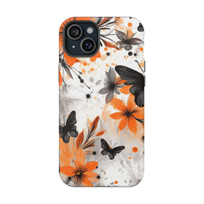 Orange Blossom & Black Butterfly MagSafe iPhone Case – Bold Floral Pattern with Modern Abstract Style