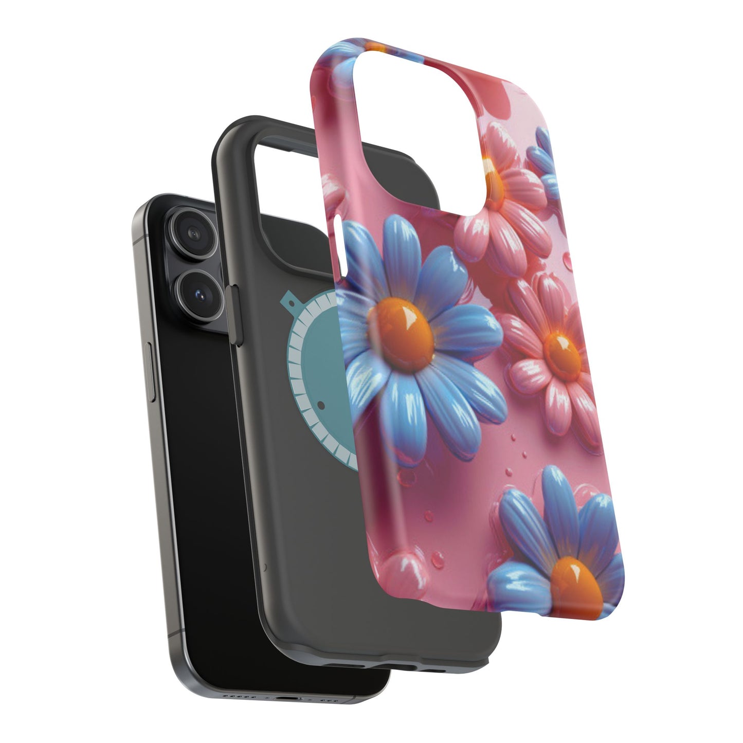 Pastel Daisy 3D MagSafe iPhone Case – Glossy Pink and Blue Floral Design, Full Protection