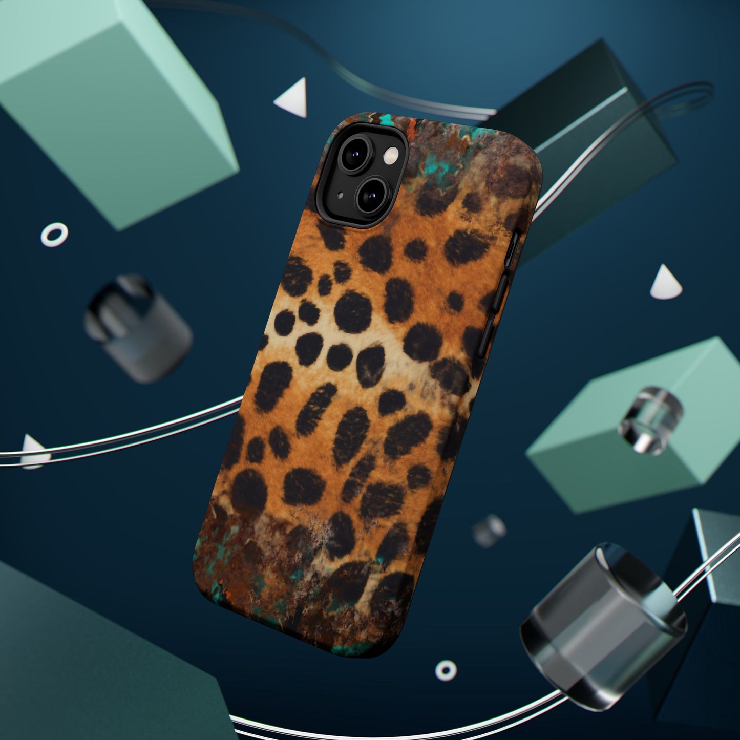 Rustic Leopard Print Tough MagSafe iPhone Case – Distressed Turquoise and Animal Pattern with Dual-Layer Protection