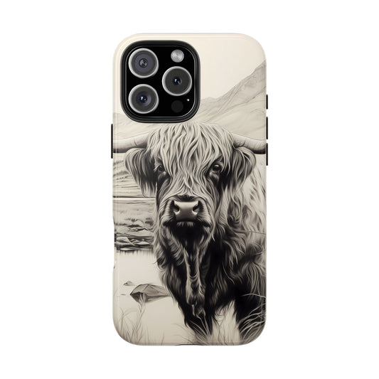 Cute Highland Cow Cases - Western Charcoal Sketched Cow - Farmhouse Design