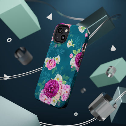 Elegant Peony Bouquet MagSafe iPhone Case – Deep Teal Background with Romantic Floral Design