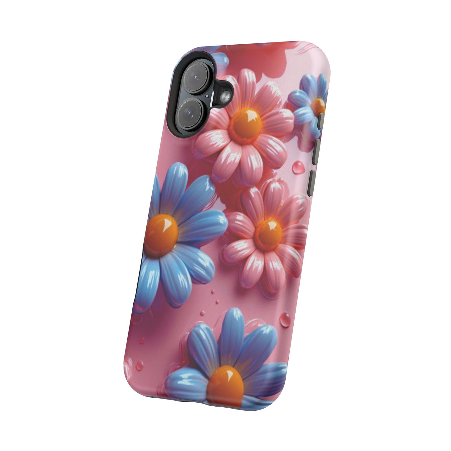 Pastel Daisy 3D MagSafe iPhone Case – Glossy Pink and Blue Floral Design, Full Protection