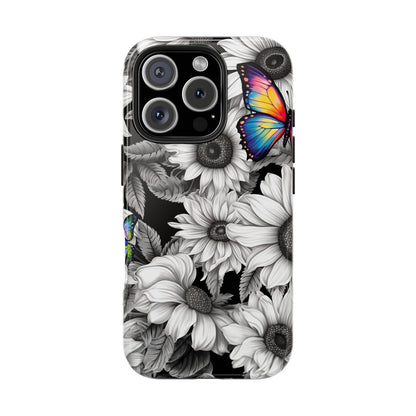 Rainbow Butterflies & Monochrome Sunflowers – iPhone Case