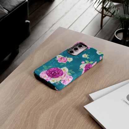 Elegant Peony Bouquet Samsung Galaxy Case – Deep Teal Background with Romantic Floral Design