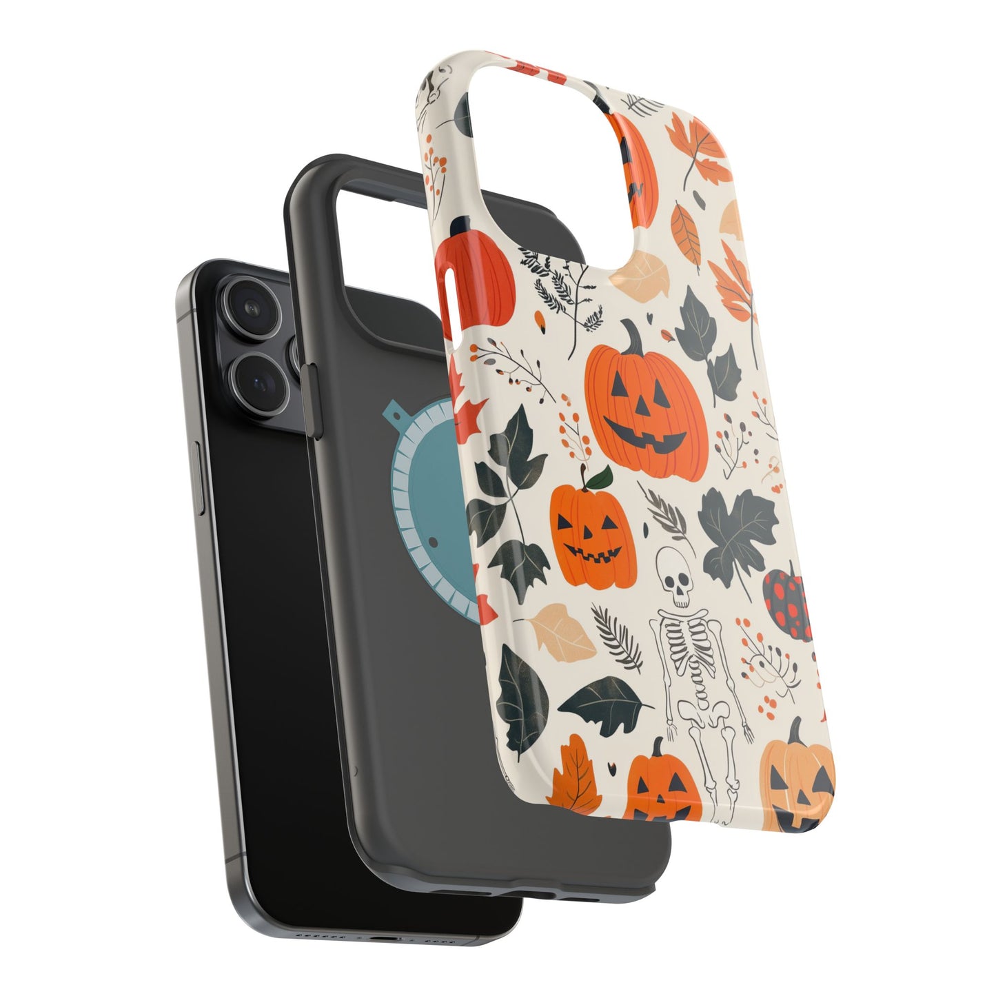 Spooky Pumpkin & Skeleton MagSafe iPhone Case – Halloween Jack-O'-Lantern Design