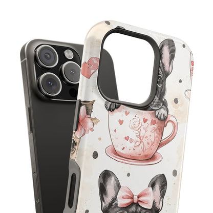 French Bulldogs in Teacups MagSafe iPhone Case – Cute Dog Design with Hearts & Bows, Shockproof & Slim