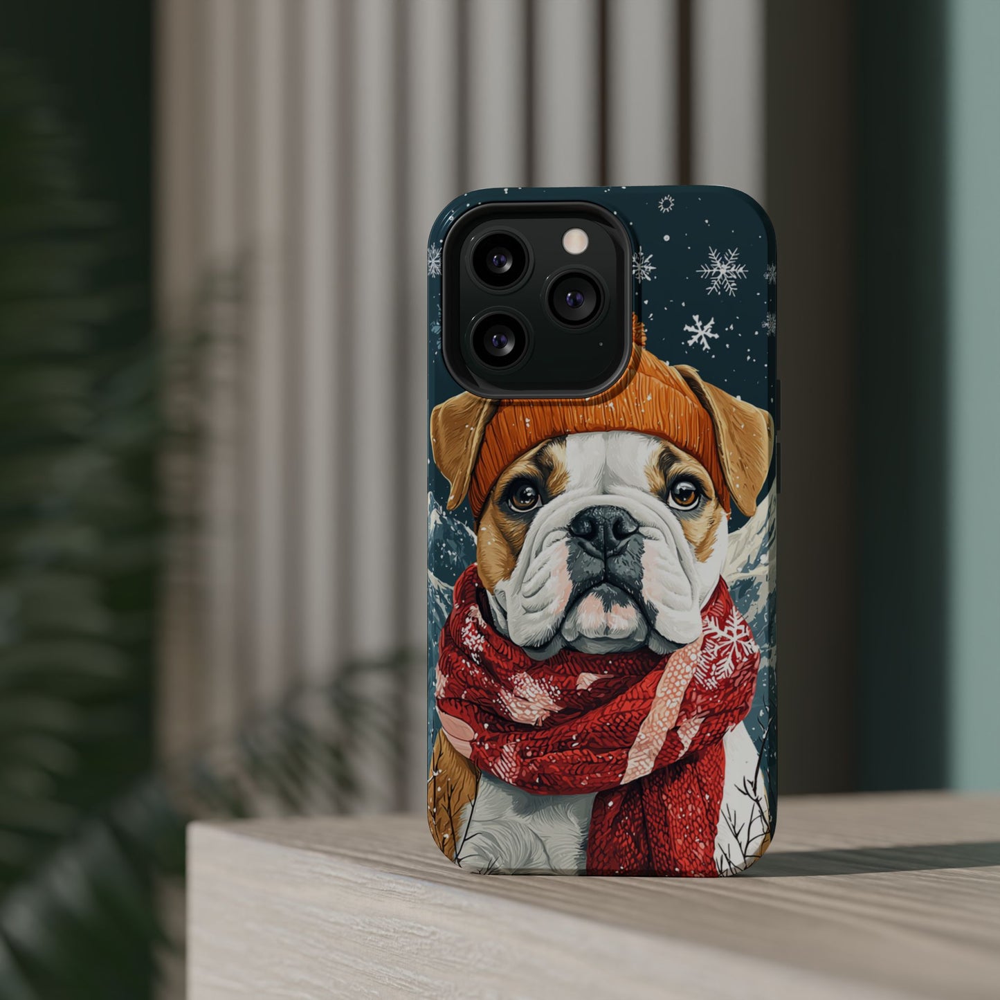 Cozy French Bulldog MagSafe iPhone Case – Rustic Fireplace Protective Cover