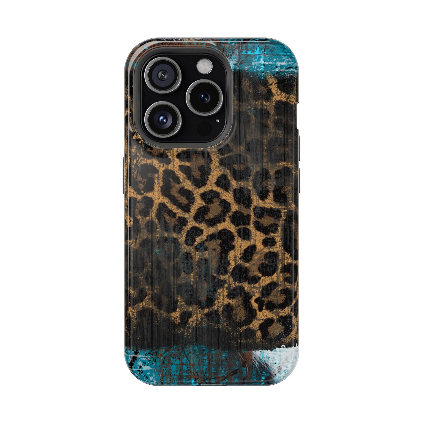 Boho Leopard and Turquoise Tough MagSafe iPhone Case – Rustic Western Design with Dual-Layer Protection