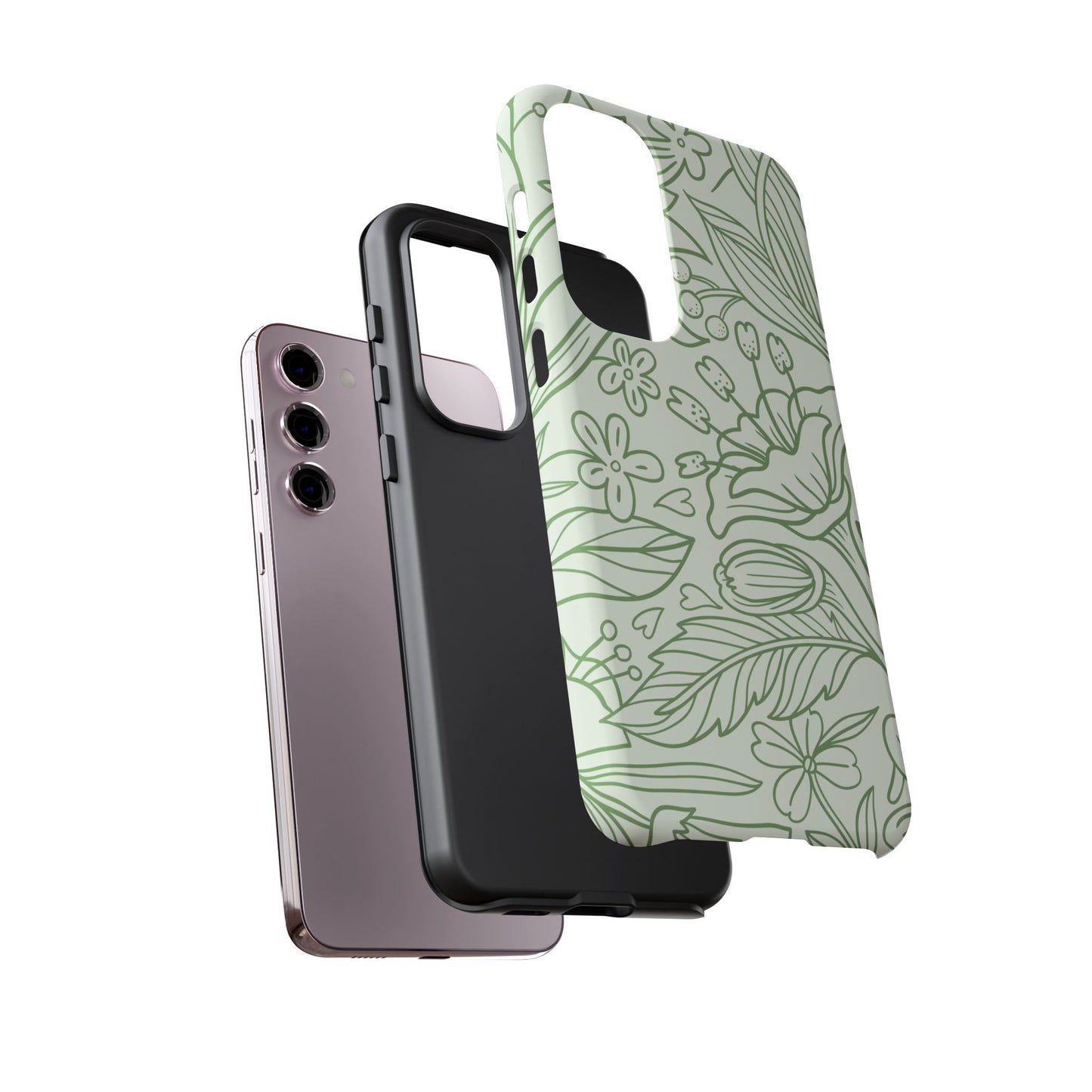 Sage Green Floral Line Art Tough Samsung Galaxy Case – Minimalist Botanical Design with Dual-Layer Protection