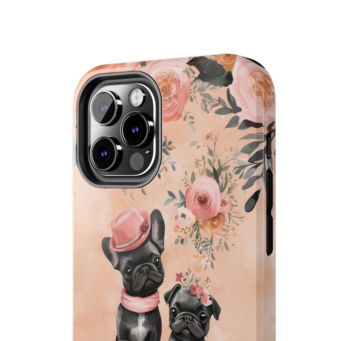 Floral French Bulldogs iPhone Case – Elegant Dog Design with Tea Cups & Roses, Shockproof Protection - BOGO Cases