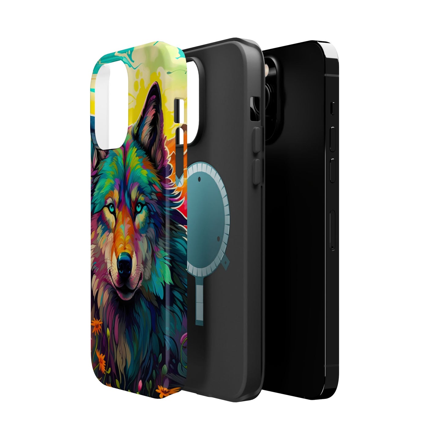 Rainbow Wolf in Bloom – MagSafe iPhone Case with Nature-Inspired Design