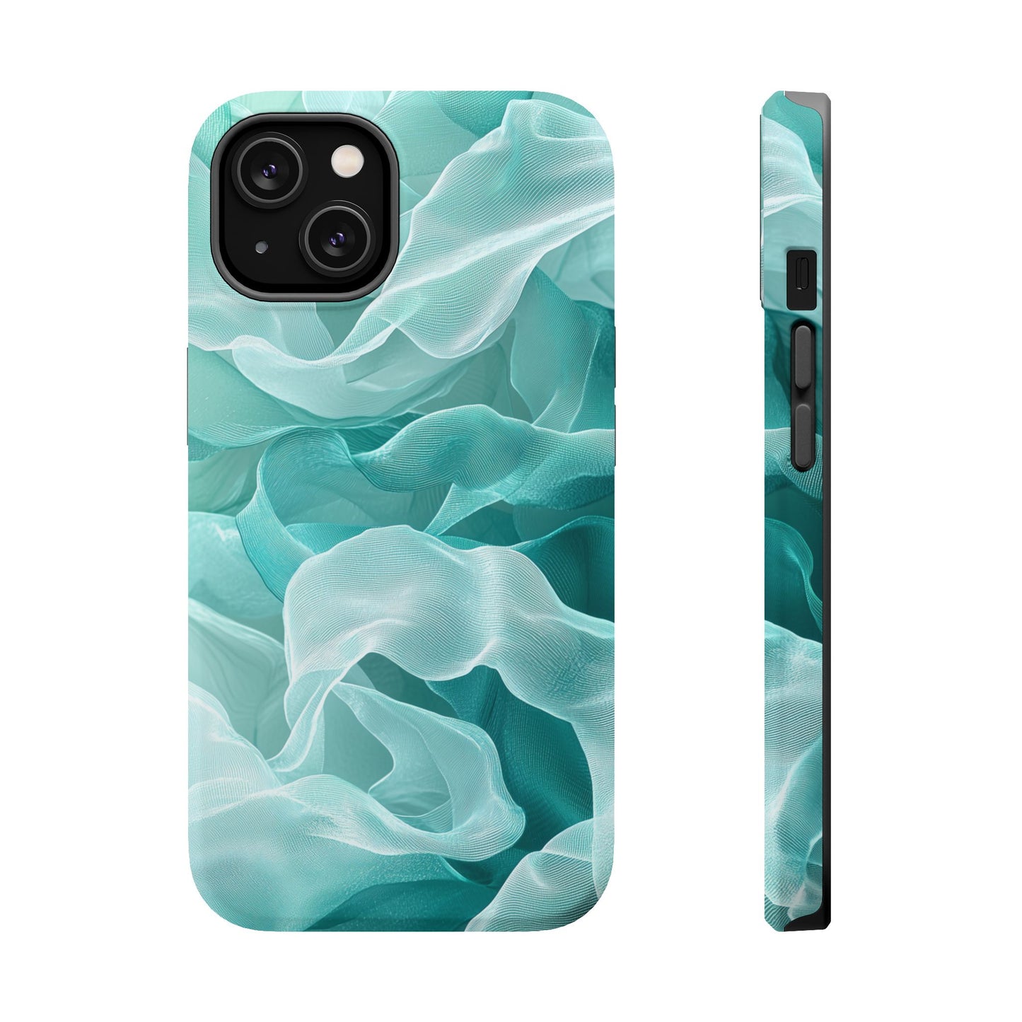 Elegant Flowing Teal Fabric MagSafe iPhone Case – Soft Waves Design