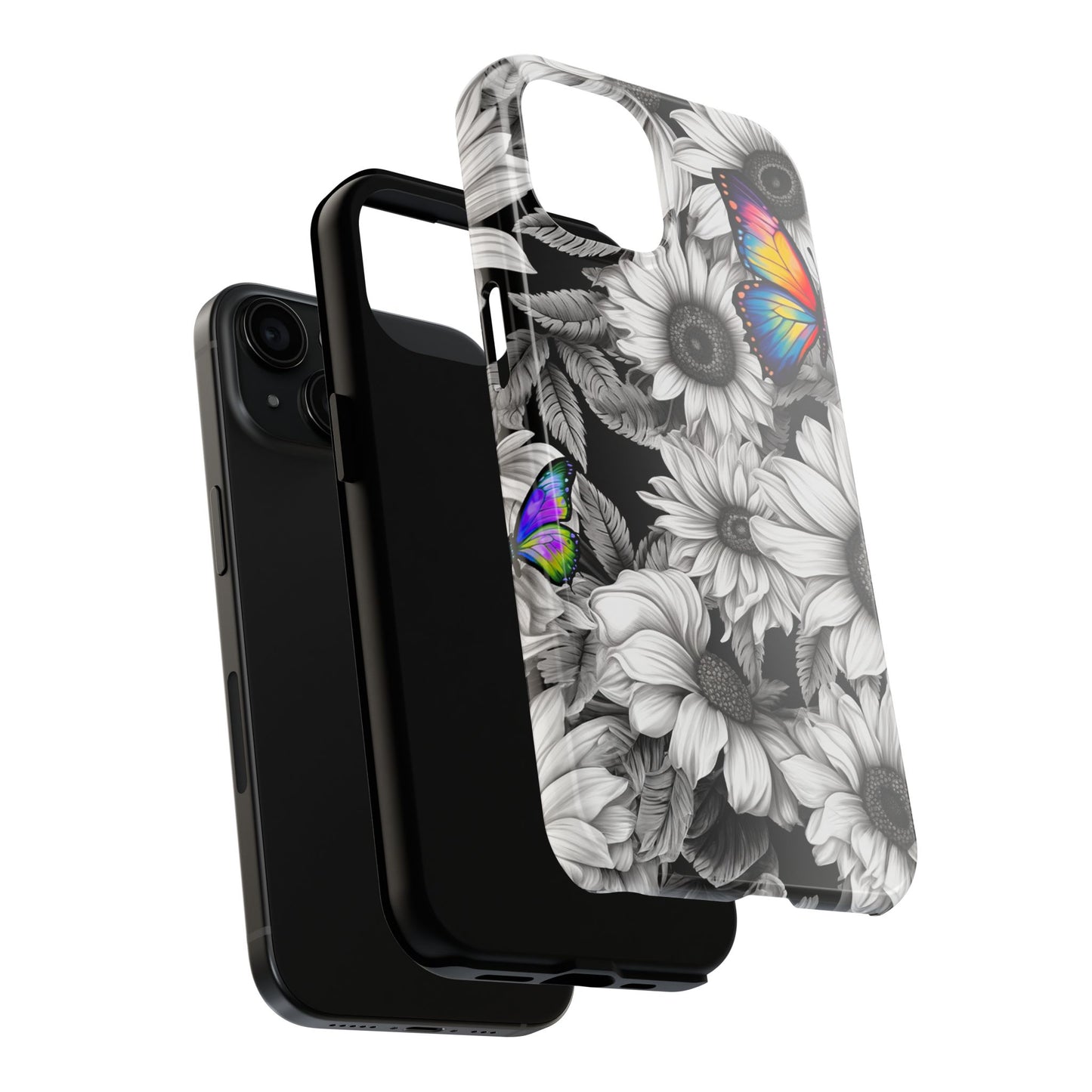 Rainbow Butterflies & Monochrome Sunflowers – iPhone Case