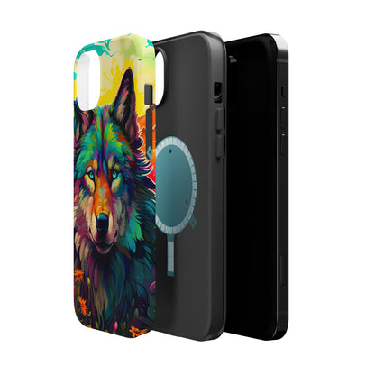 Rainbow Wolf in Bloom – MagSafe iPhone Case with Nature-Inspired Design