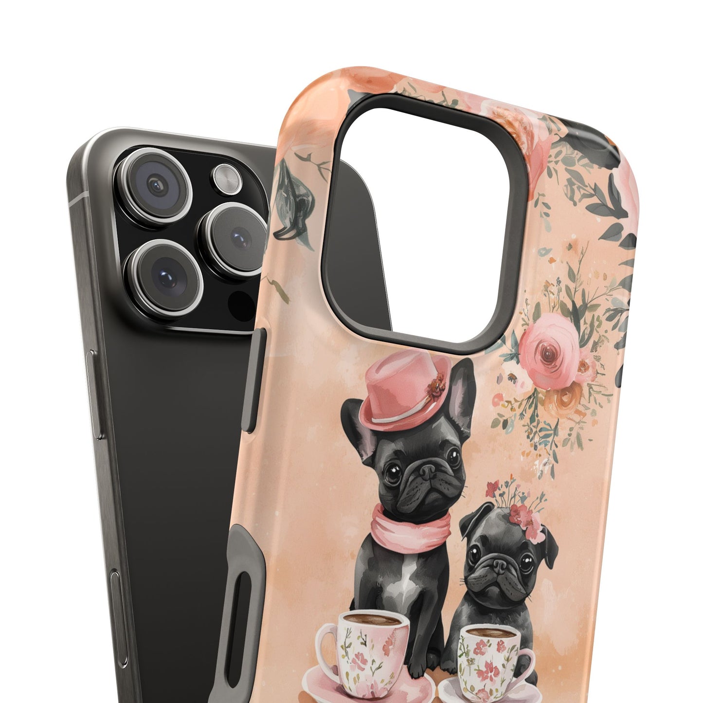 Floral French Bulldogs MagSafe iPhone Case – Elegant Dog Design with Tea Cups & Roses, Shockproof Protection