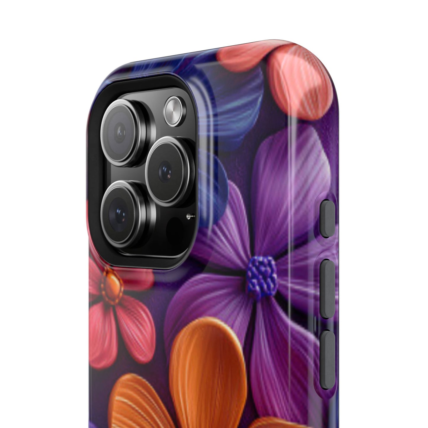 Bold Floral 3D MagSafe iPhone Case – Vivid Purple and Orange Flower Design, Shock-Resistant