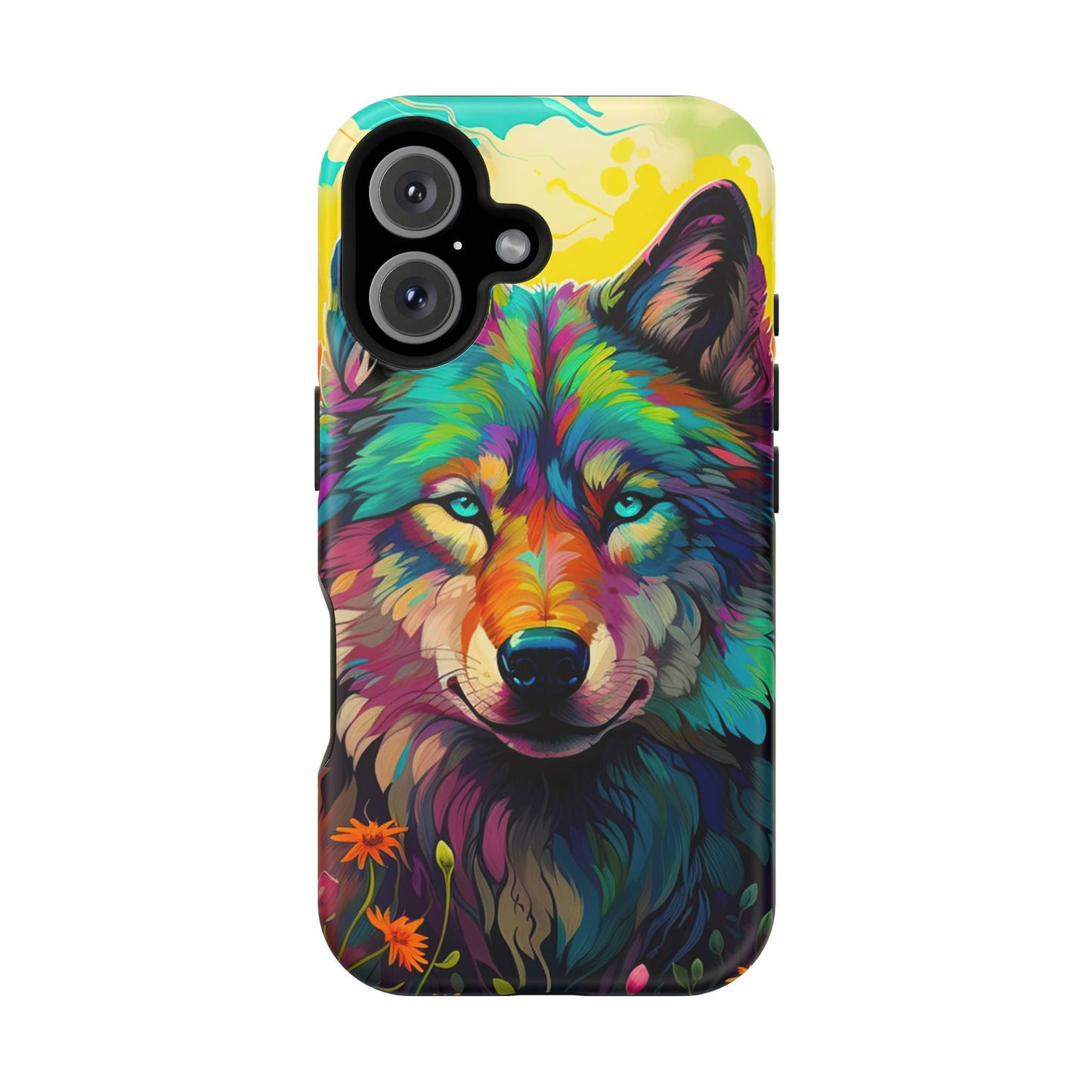 Rainbow Wolf in Bloom – MagSafe iPhone Case with Nature-Inspired Design