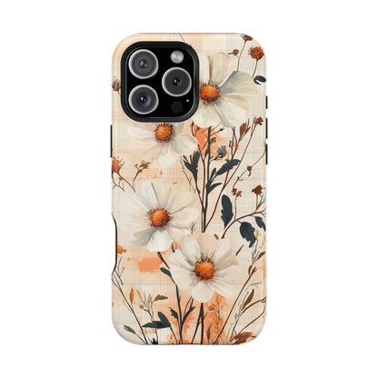 Pastel Orange Floral MagSafe iPhone Case - Elegant Plaid Protective Cover