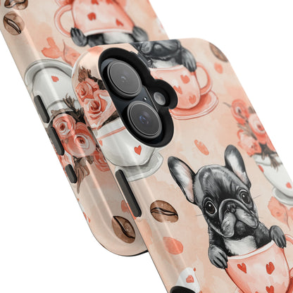 French Bulldogs in Heart Teacups MagSafe iPhone Case – Cute Dog & Floral Design, Shockproof Protection