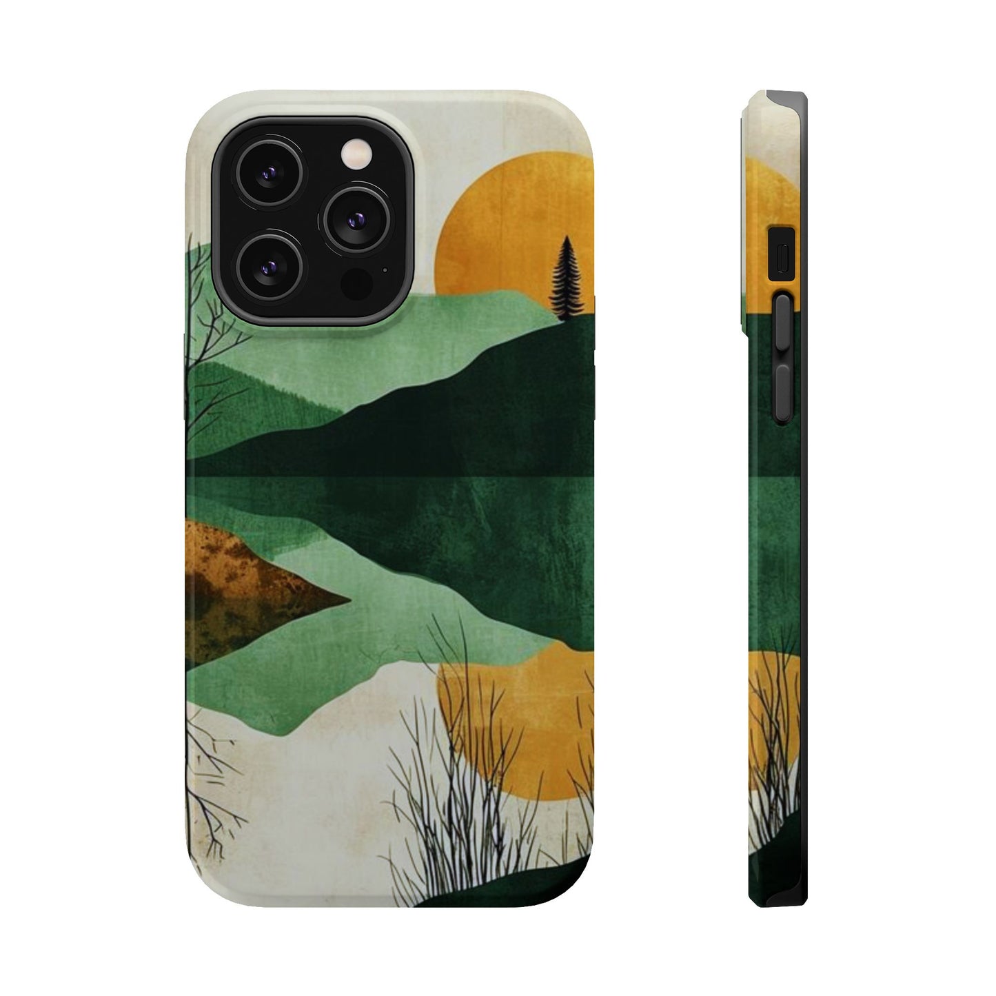 Retro Mountain Sunrise MagSafe iPhone Case – Minimalist Landscape Design, Dual-Layer Protection