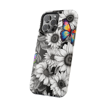 Rainbow Butterflies & Monochrome Sunflowers – MagSafe iPhone Case