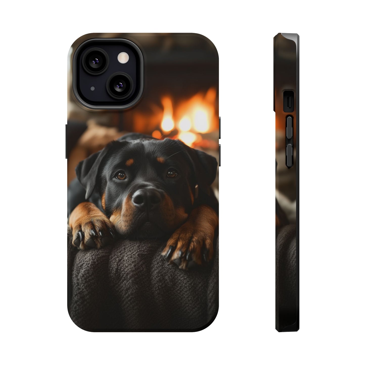 Cozy Rottweiler by the Fireplace MagSafe iPhone Case – Warm Rustic Design