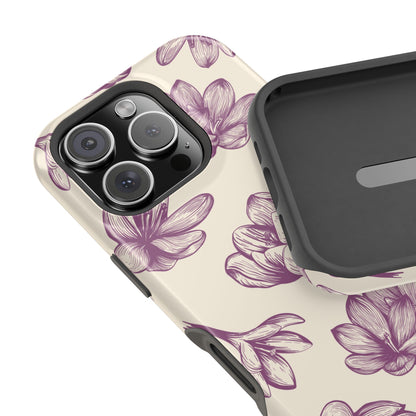 Vintage Botanical Floral Tough MagSafe iPhone Case – Hand-Drawn Purple Flowers, Shockproof Design