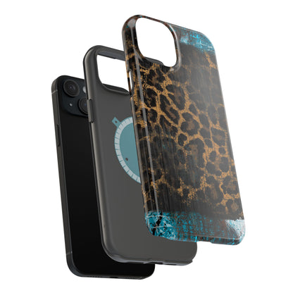 Boho Leopard and Turquoise Tough MagSafe iPhone Case – Rustic Western Design with Dual-Layer Protection