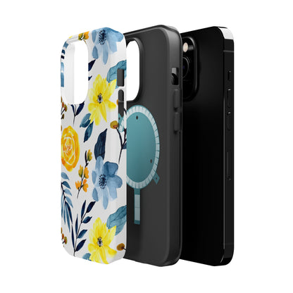 Golden Yellow & Sky Blue Floral – Watercolor Botanical MagSafe iPhone Case