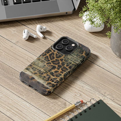 Rustic Wood and Leopard Print Tough iPhone Case – Distressed Western Design with Dual-Layer Protection