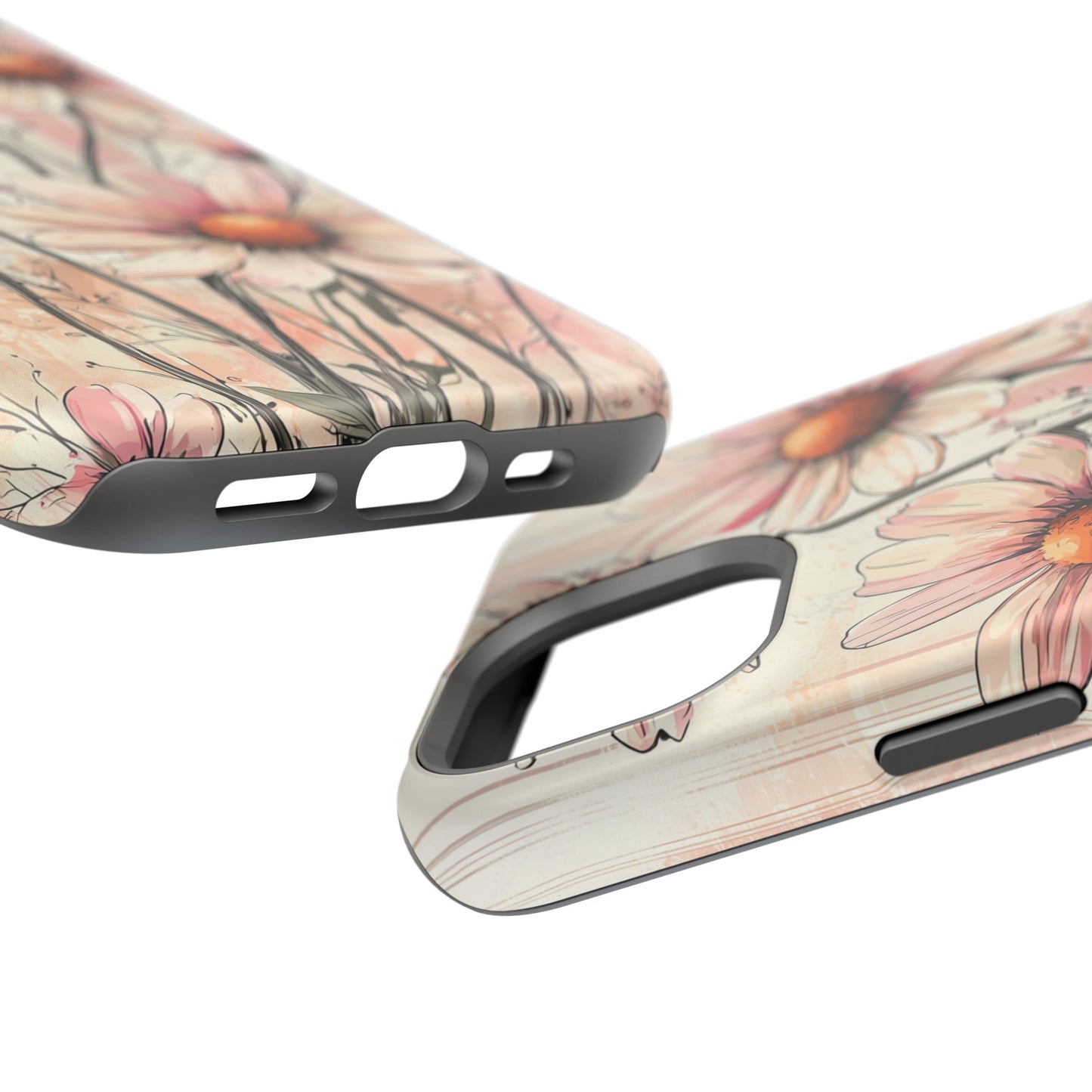 Pastel Pink Daisy MagSafe iPhone Case - Elegant Floral Plaid Protective Cover