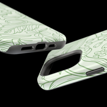 Sage Green Floral Line Art Tough MagSafe iPhone Case – Minimalist Botanical Design with Dual-Layer Protection