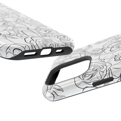 Monochrome Rose Garden Tough MagSafe iPhone Case – Elegant Floral Line Art with Dual-Layer Protection