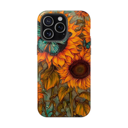 Vintage Blue Butterfly & Sunflower Art – MagSafe iPhone Case