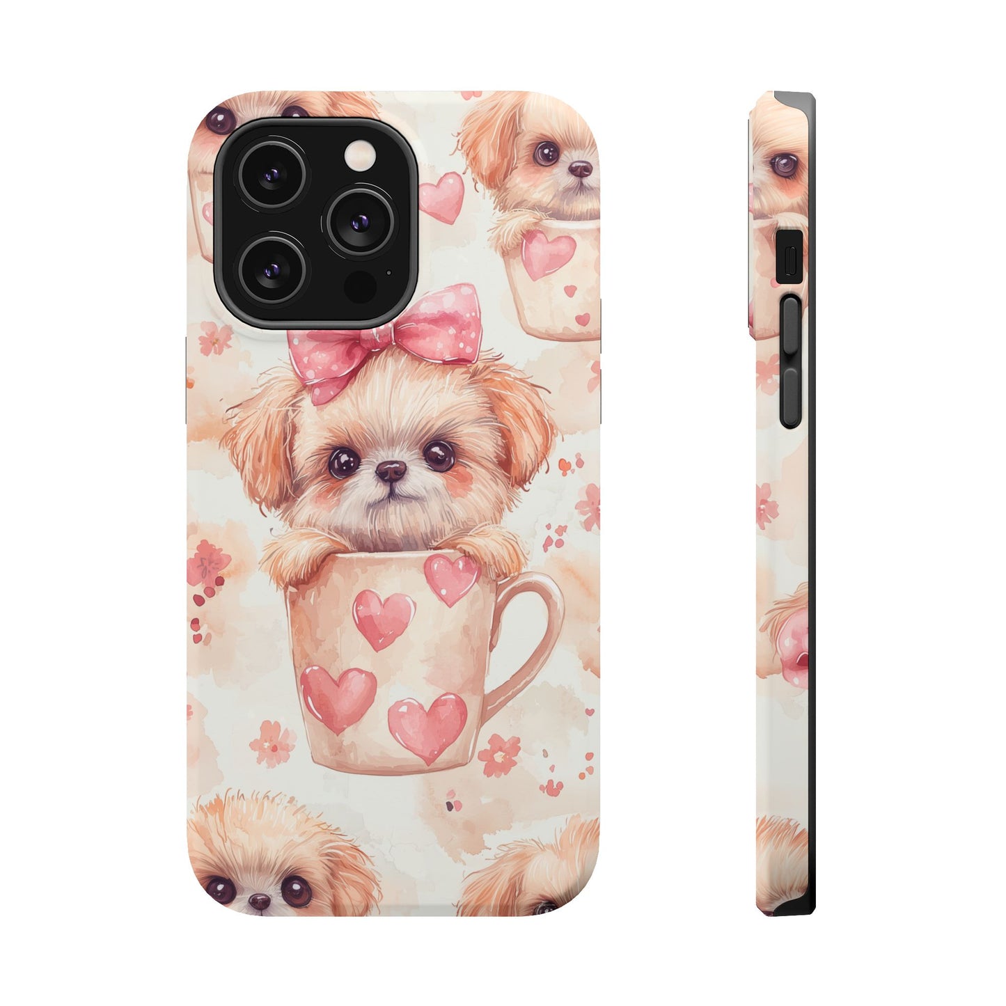 Adorable Puppy in Teacup MagSafe iPhone Case – Tough, Dual-Layer Protection with Cute Pink Bow Design