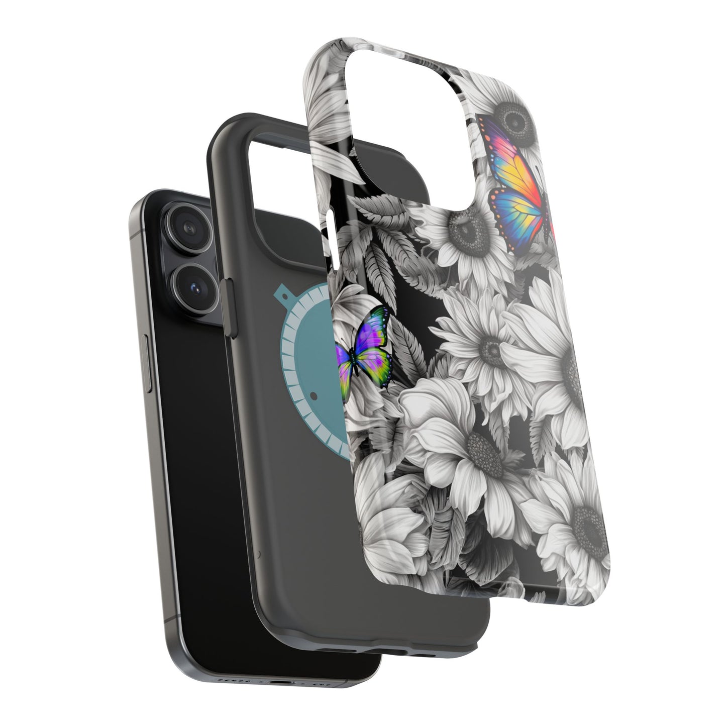 Rainbow Butterflies & Monochrome Sunflowers – MagSafe iPhone Case