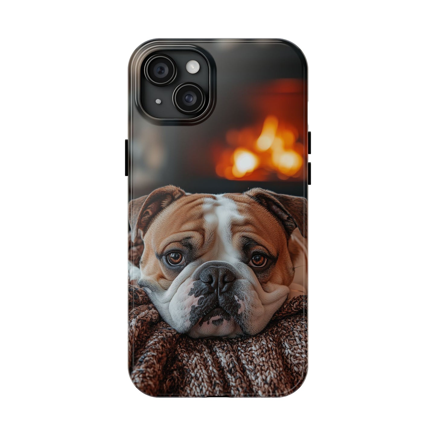 Cozy Bulldog iPhone Case – Fireside-Inspired Protective Cover Description: