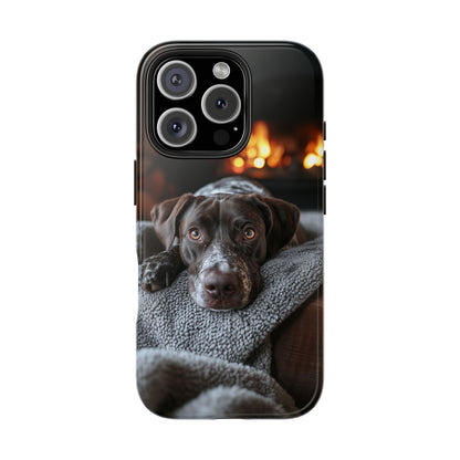 Cozy German Shorthaired Pointer iPhone Case – Rustic Fireplace Protective Cover