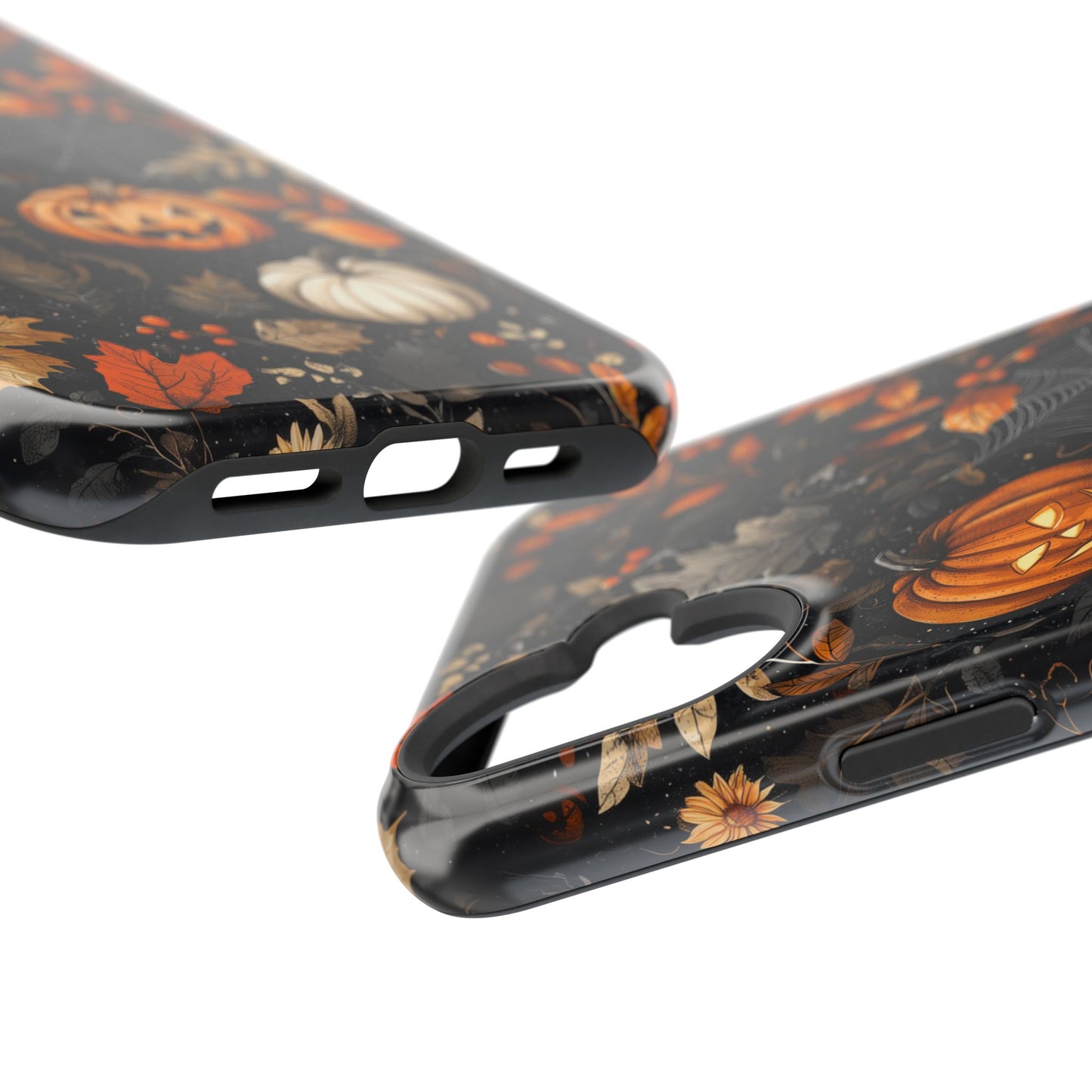 Elegant Halloween MagSafe iPhone Case – Pumpkin Jack-o'-Lanterns, Cobwebs & Autumn Foliage Design