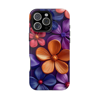 Bold Floral 3D MagSafe iPhone Case – Vivid Purple and Orange Flower Design, Shock-Resistant