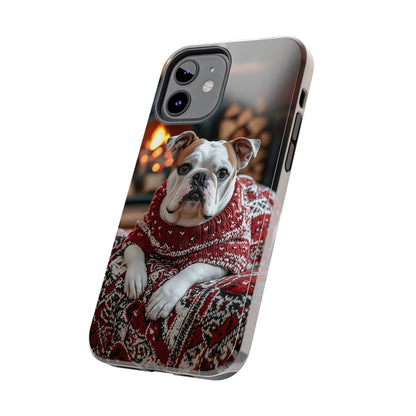 Cozy Bulldog in Sweater iPhone Case – Festive Fireplace Protective Cover